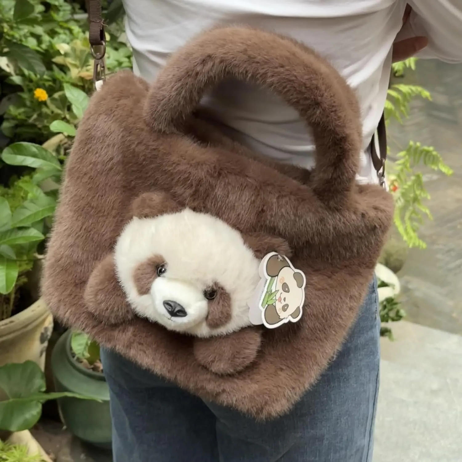 Girls' Animal Plush Handbag Small Size Crossbody Bag Cute Panda Doll Furry Purse