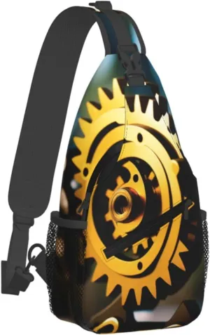 Gold Mechanical Discs Print Cross Chest Bag Diagonally,Sling Backpack Fashion Travel Hiking Daypack Crossbody Shoulder Bag For Men Women.