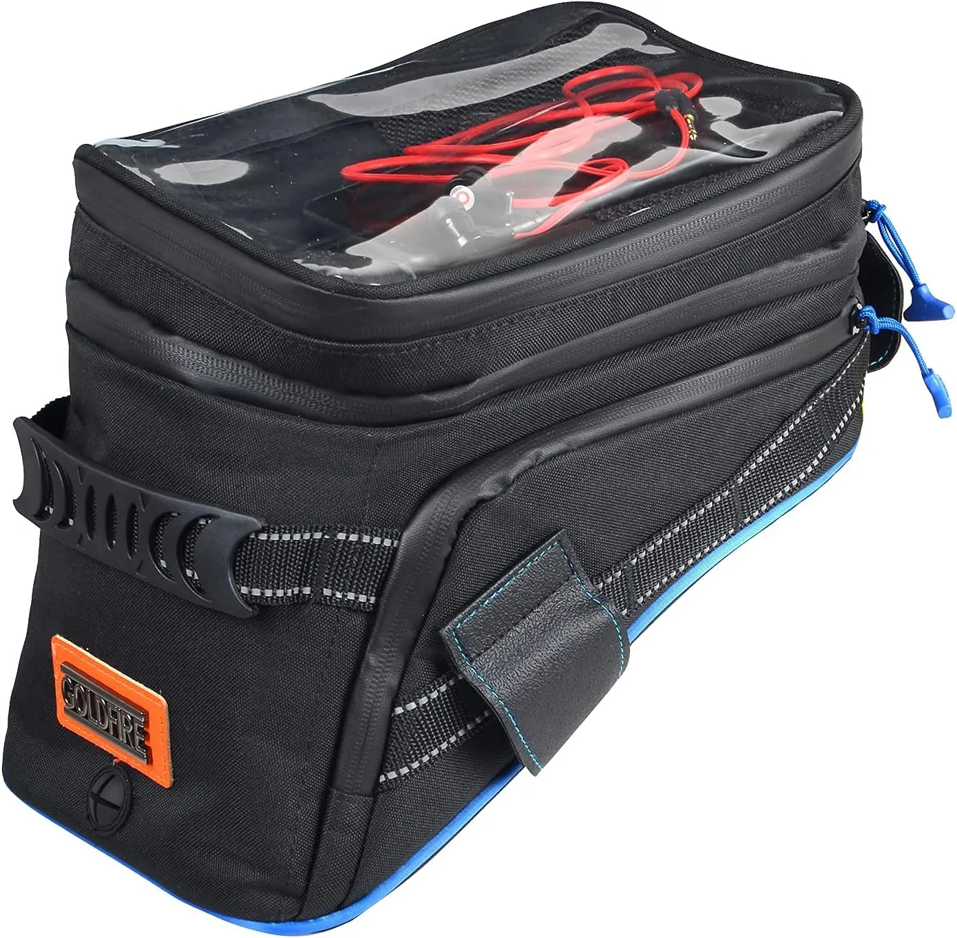 Goldfire Motorcycle Tank Bag Expandable ADV Gas Oil Fuel Tank Saddle Bag with Strong Strap Mount Water Resistant Motorcycle Storage Bag (Blue Piping)