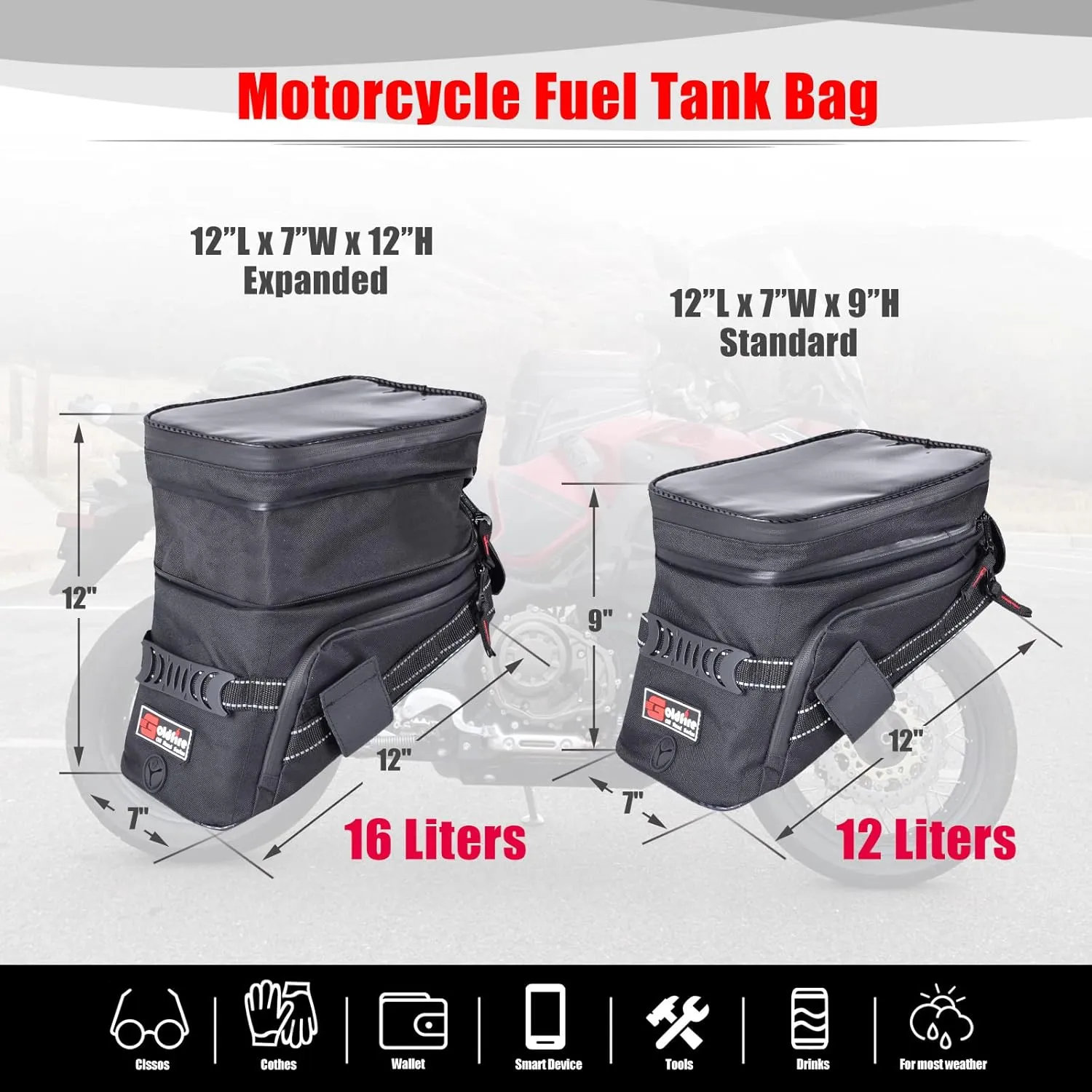 Goldfire Motorcycle Tank Bag Expandable ADV Gas Oil Fuel Tank Saddle Bag with Strong Strap Mount Water Resistant Motorcycle Storage Bag(Black)