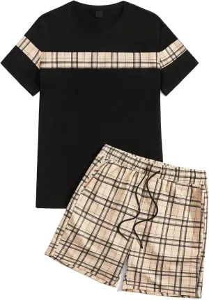 GORGLITTER Men's Plaid Print Casual Short Sleeve T Shirts and Shorts Tracksuit Set