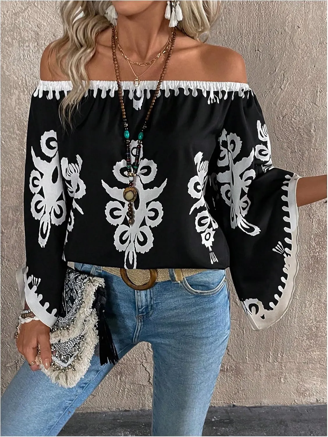 GORGLITTER Women's Off The Shoulder Bell Long Sleeve Top Allover Print Blouse Shirts