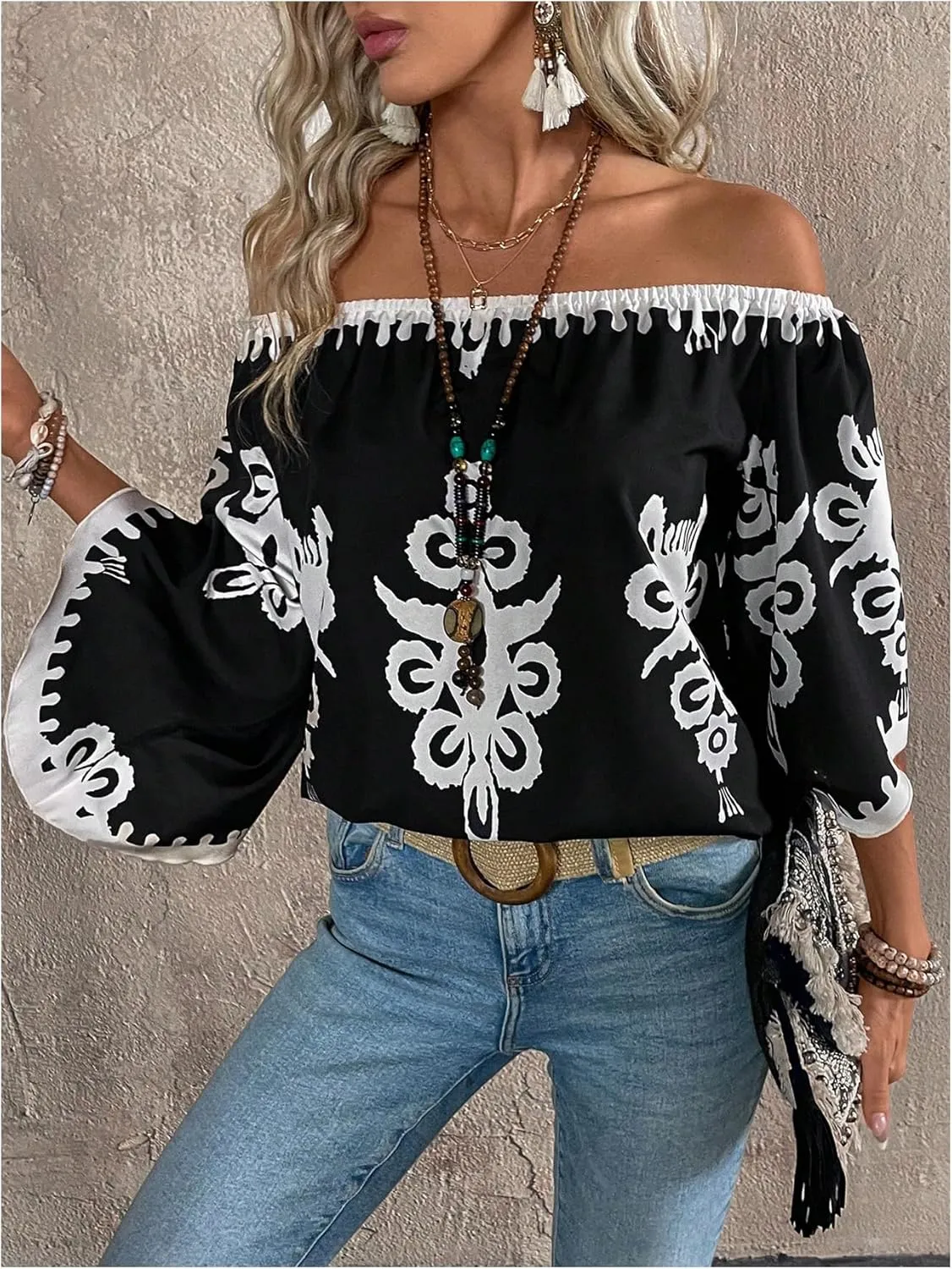 GORGLITTER Women's Off The Shoulder Bell Long Sleeve Top Allover Print Blouse Shirts