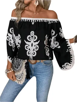 GORGLITTER Women's Off The Shoulder Bell Long Sleeve Top Allover Print Blouse Shirts