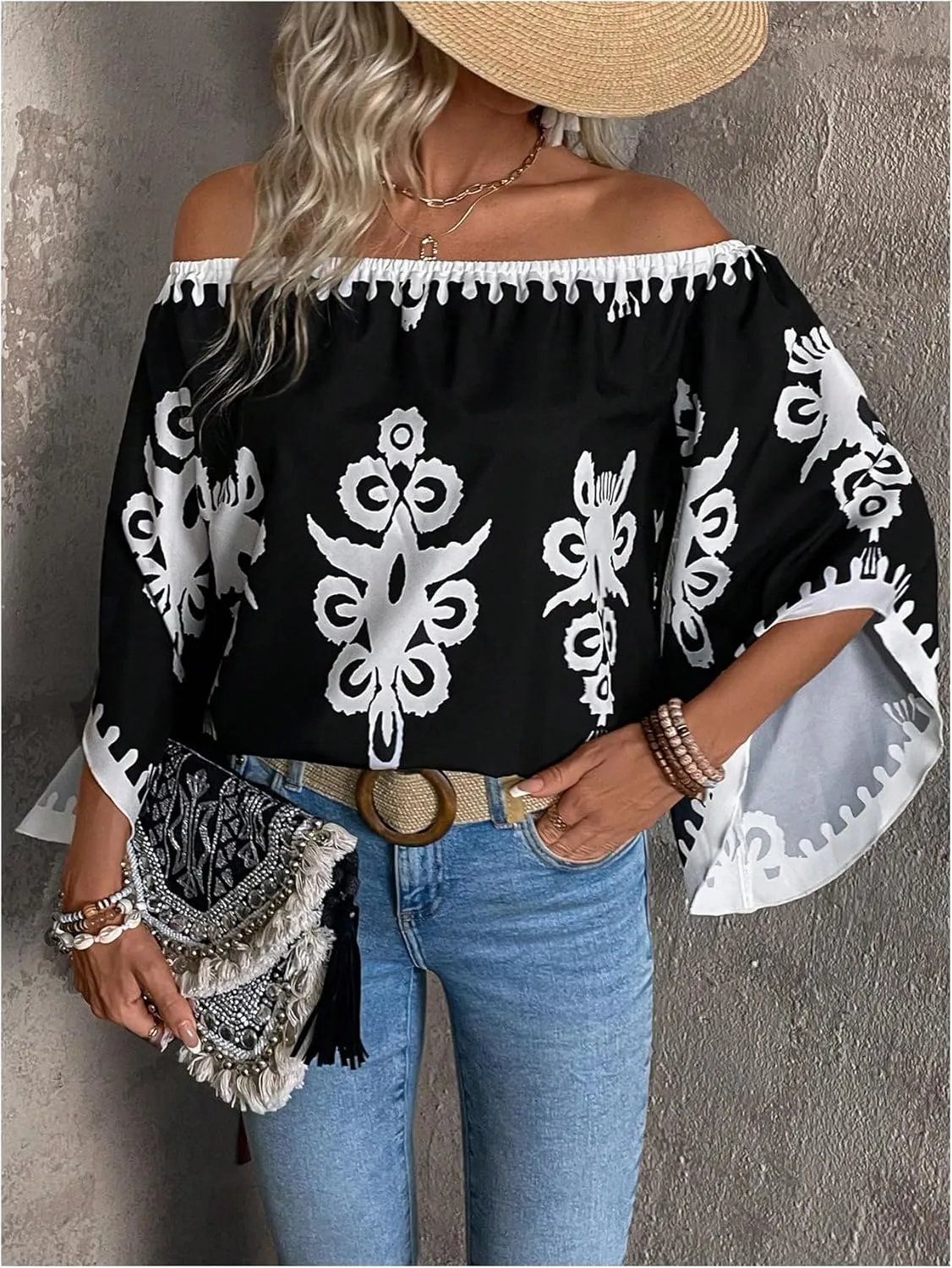 GORGLITTER Women's Off The Shoulder Bell Long Sleeve Top Allover Print Blouse Shirts