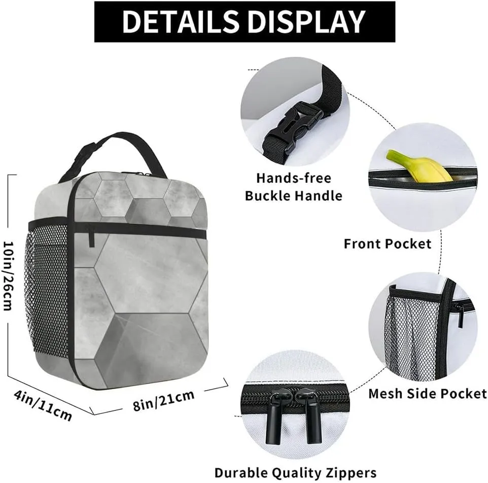 gray and white geometric white gray concrete cement stone Insulated Iunch Bag for Men Woman Large Portable Waterproof Reusable Thermal Lunch Box with Pockets for Work Travel Picnic