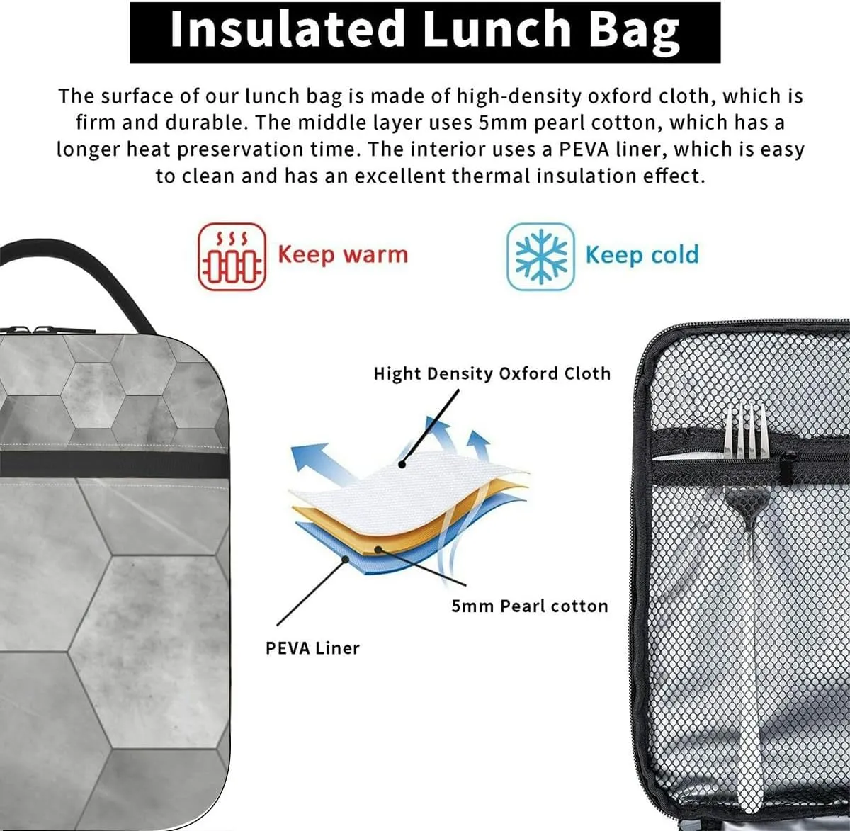 gray and white geometric white gray concrete cement stone Insulated Iunch Bag for Men Woman Large Portable Waterproof Reusable Thermal Lunch Box with Pockets for Work Travel Picnic