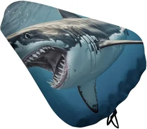 Great White Shark Opens Mouth Bike Seat Cover Water-Repellent Exercise Bike Seat Cushion Bicycle Saddle Cover with Drawstring Rain Snow Dust Covers for City Mountain Road Biking