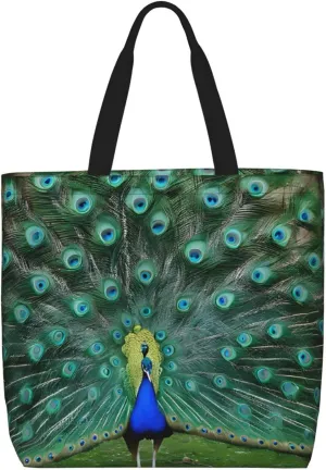 Green Peacock Feather Print Tote Bag Women Single Shoulder Leisure Bag Multi-Purpose Large Shopping Bag.