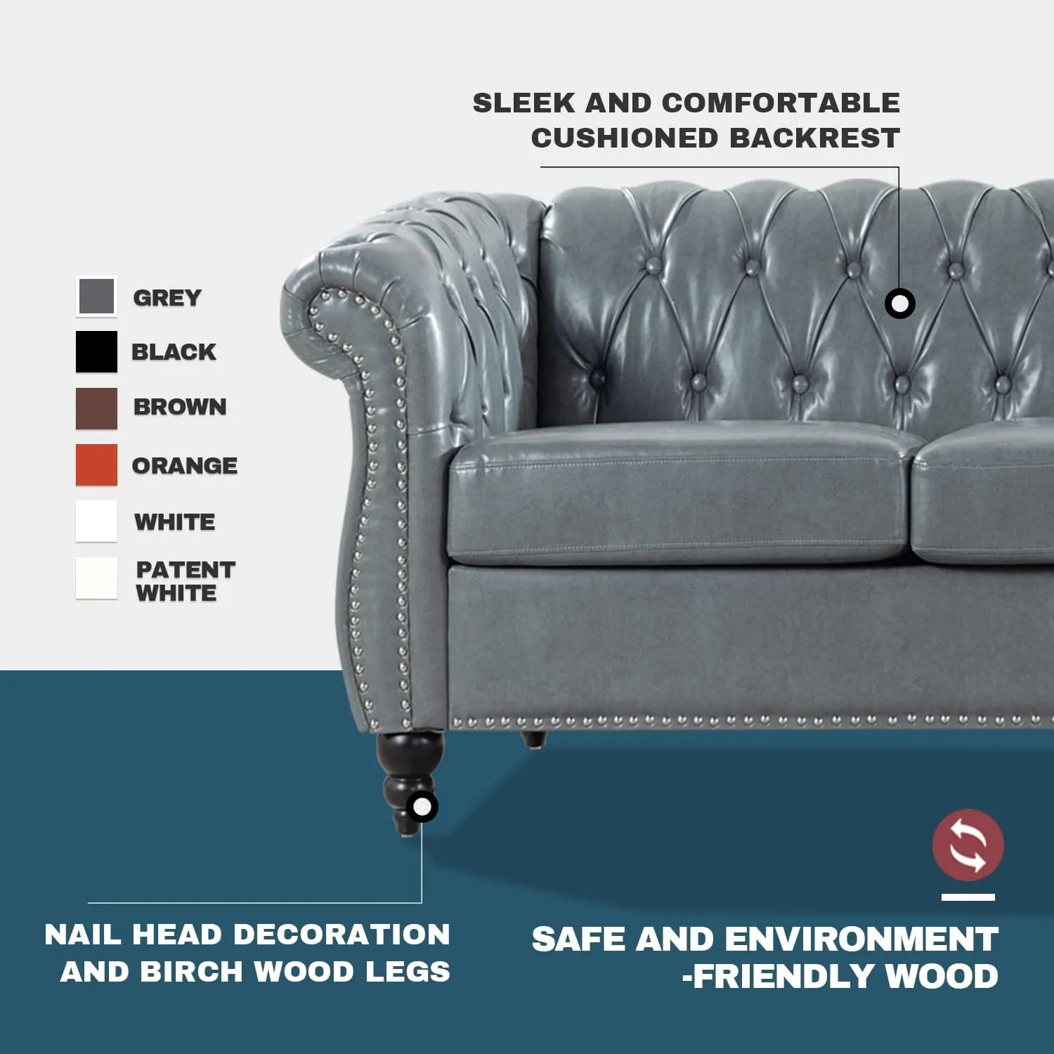 Grey Chesterfield Sofa, Faux Leather Couch for Living Room, Comfy Deep-Seated 3-Seater Couch for Bedroom, Office, or Apartment. Sofa Furniture with 84-inch Roll Arms