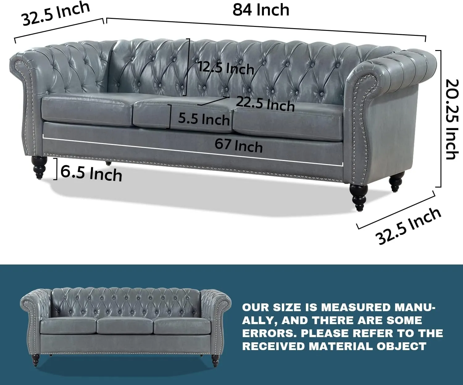 Grey Chesterfield Sofa, Faux Leather Couch for Living Room, Comfy Deep-Seated 3-Seater Couch for Bedroom, Office, or Apartment. Sofa Furniture with 84-inch Roll Arms