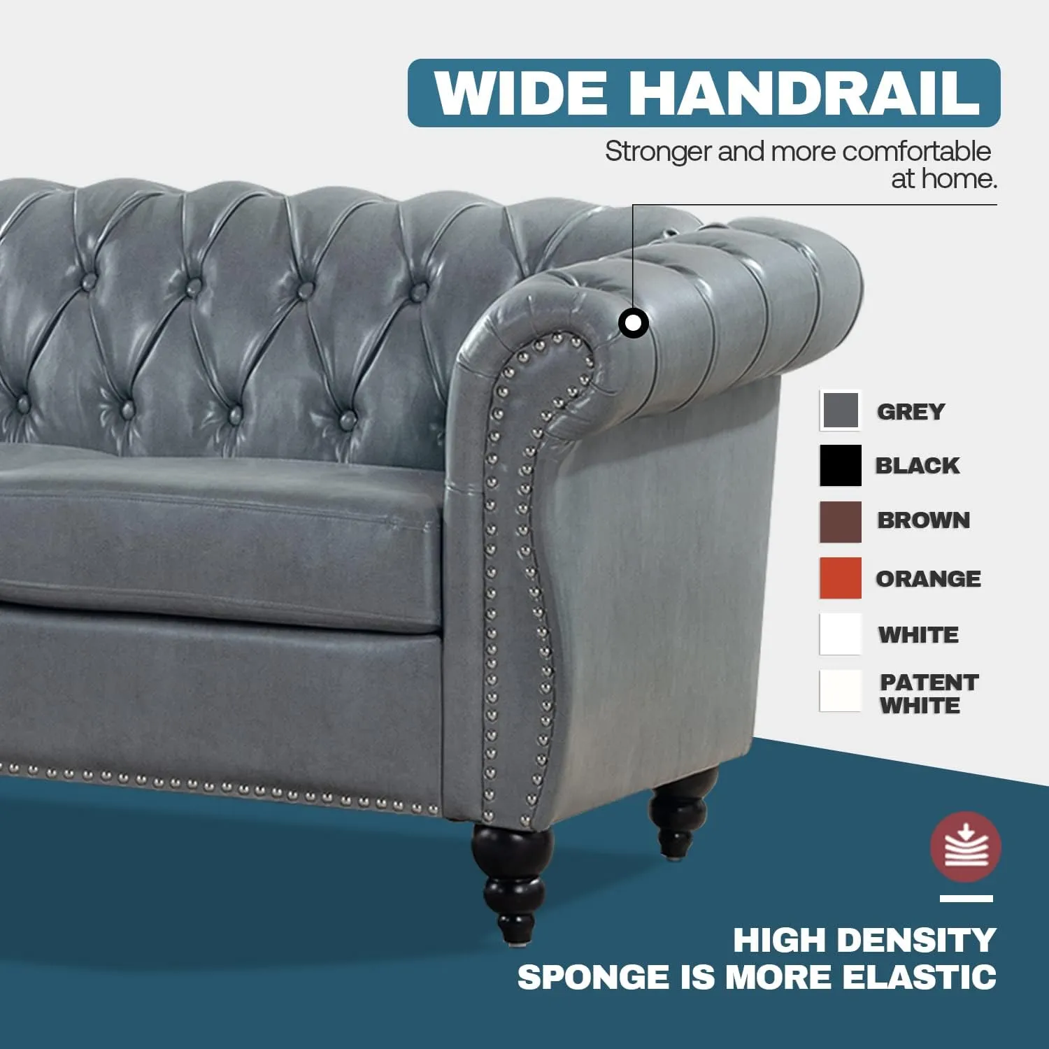 Grey Chesterfield Sofa, Faux Leather Couch for Living Room, Comfy Deep-Seated 3-Seater Couch for Bedroom, Office, or Apartment. Sofa Furniture with 84-inch Roll Arms