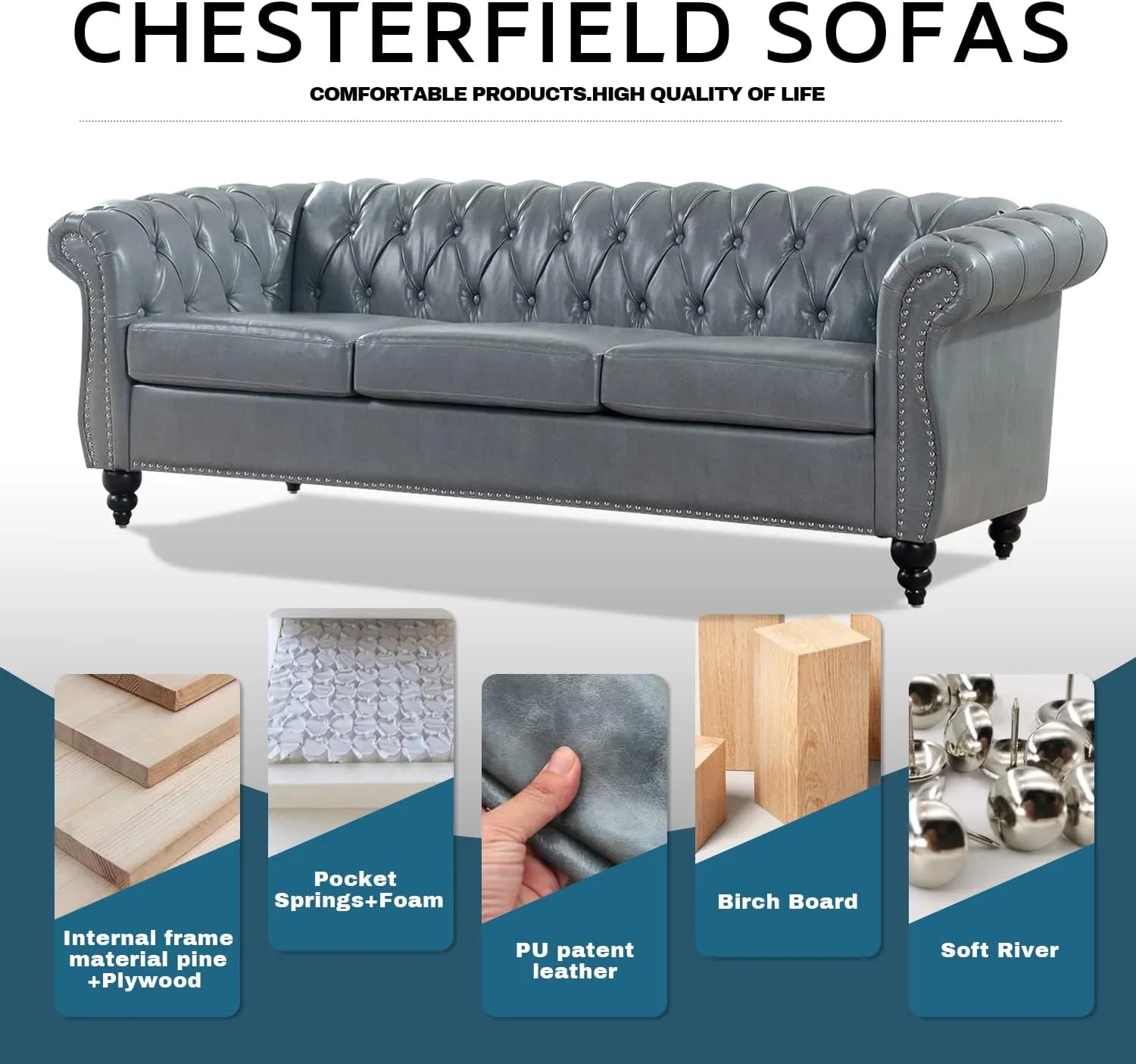 Grey Chesterfield Sofa, Faux Leather Couch for Living Room, Comfy Deep-Seated 3-Seater Couch for Bedroom, Office, or Apartment. Sofa Furniture with 84-inch Roll Arms