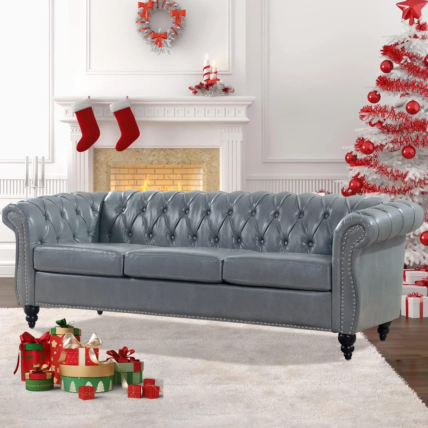 Grey Chesterfield Sofa, Faux Leather Couch for Living Room, Comfy Deep-Seated 3-Seater Couch for Bedroom, Office, or Apartment. Sofa Furniture with 84-inch Roll Arms