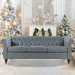 Grey Chesterfield Sofa, Faux Leather Couch for Living Room, Comfy Deep-Seated 3-Seater Couch for Bedroom, Office, or Apartment. Sofa Furniture with 84-inch Roll Arms