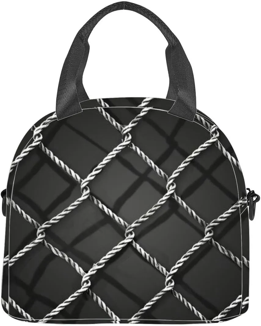 Grid line abstraction made rope mesh a fishing net rope trap a soccer Insulated Adult Lunch Bag with Shoulder Strap for Women Lightweight Reusable Portable Freezable Lunch Tote Bag for Work Picnic