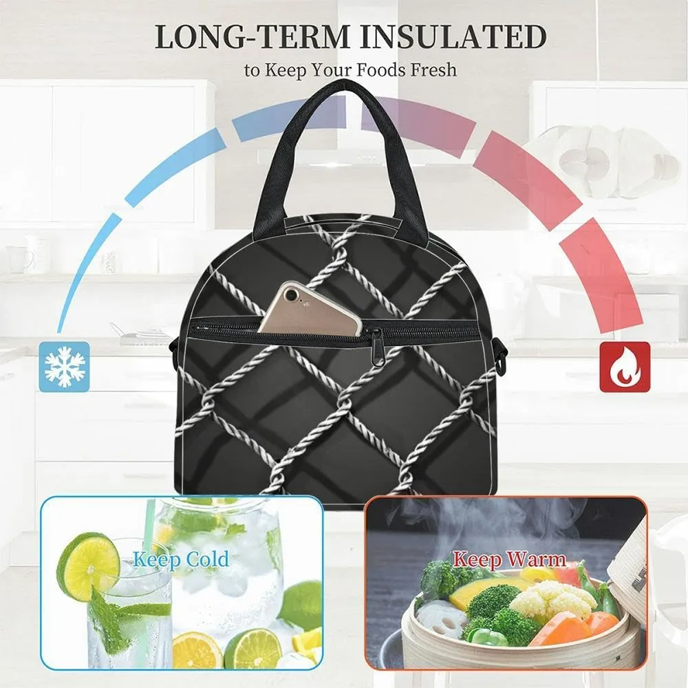 Grid line abstraction made rope mesh a fishing net rope trap a soccer Insulated Adult Lunch Bag with Shoulder Strap for Women Lightweight Reusable Portable Freezable Lunch Tote Bag for Work Picnic