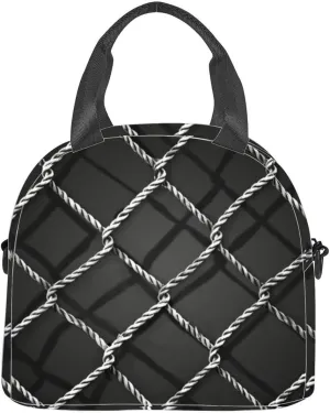 Grid line abstraction made rope mesh a fishing net rope trap a soccer Insulated Adult Lunch Bag with Shoulder Strap for Women Lightweight Reusable Portable Freezable Lunch Tote Bag for Work Picnic