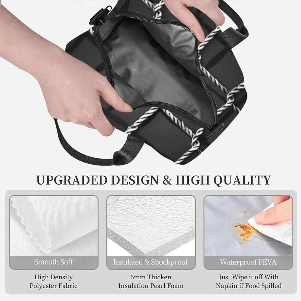 Grid line abstraction made rope mesh a fishing net rope trap a soccer Insulated Adult Lunch Bag with Shoulder Strap for Women Lightweight Reusable Portable Freezable Lunch Tote Bag for Work Picnic