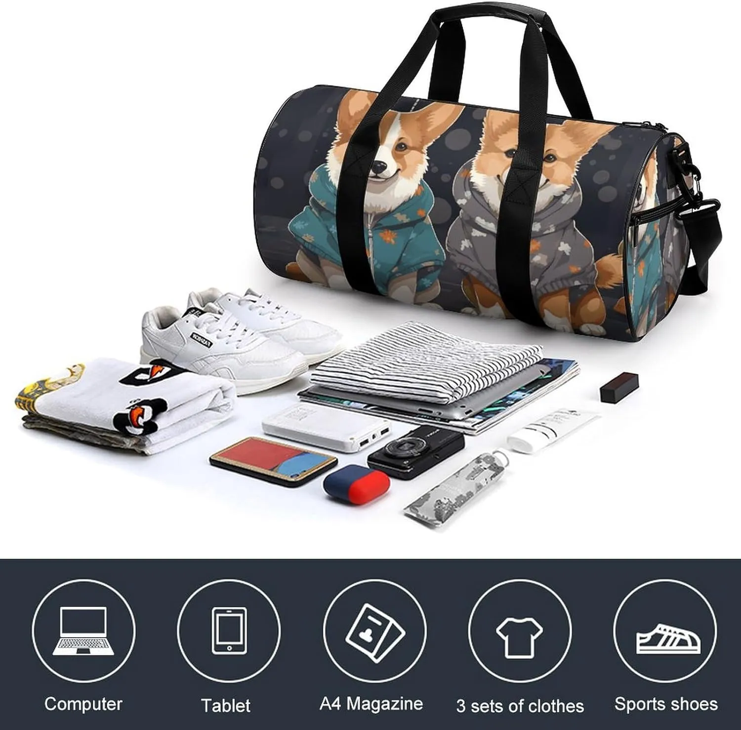 Gym Bags Small Wearing Clothes Corgi Dogs Duffel Bag Overnight Bag with Shoe Compartment Carryon Bag for Men Women