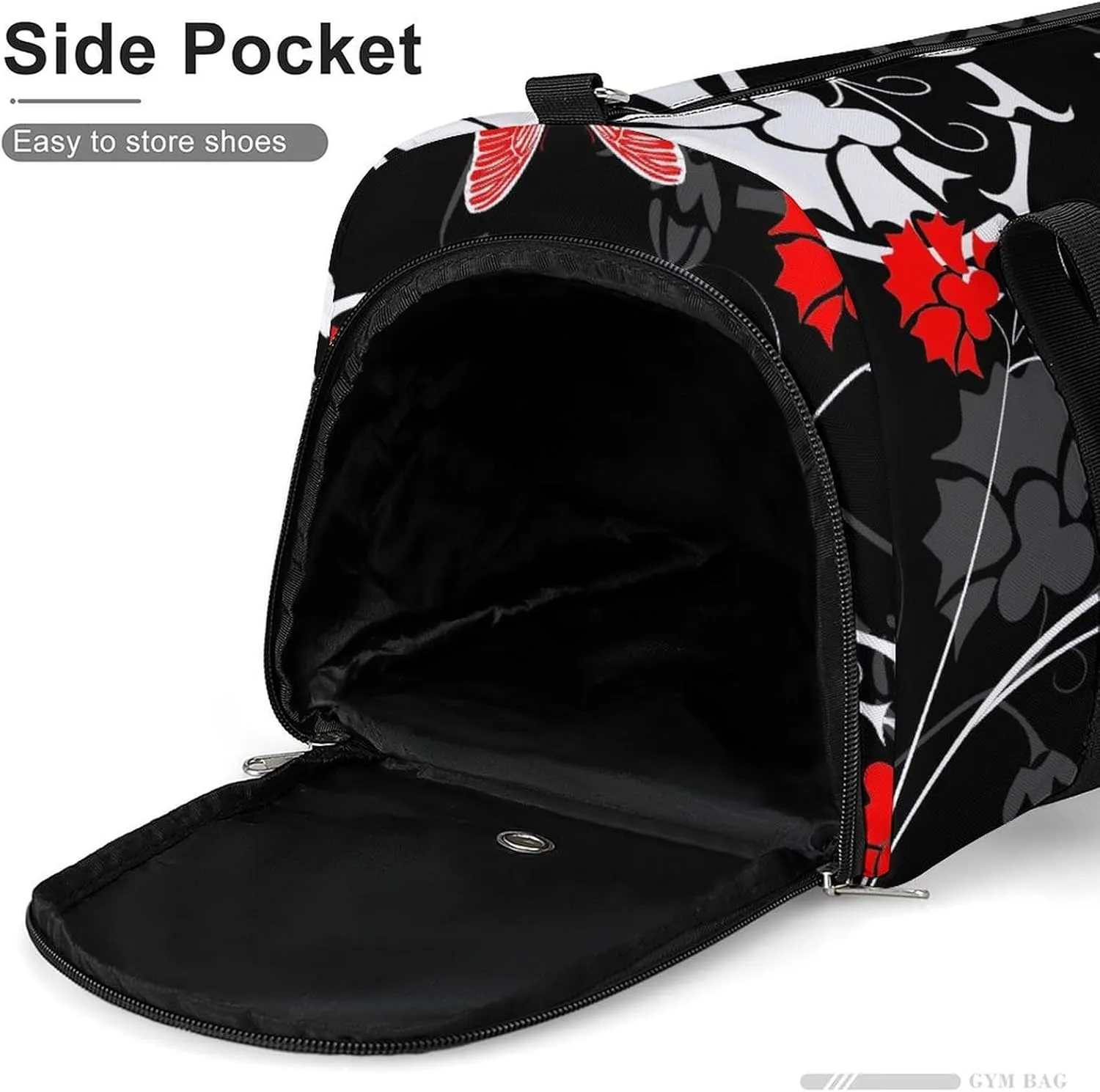 Gym Duffel Bag with Shoe Compartment Wet Pocket, Grey Ornament And Red Flowers Print Travel Bag for Men Women