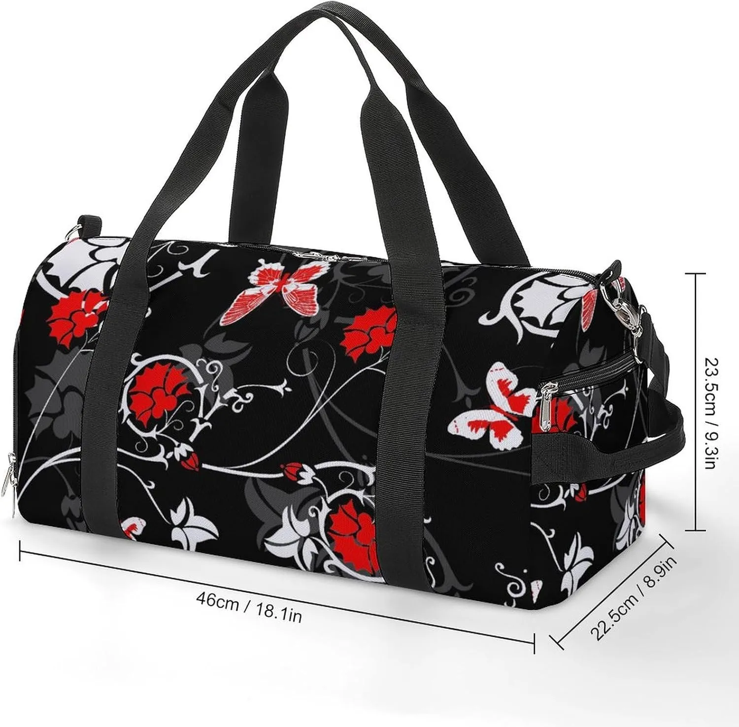 Gym Duffel Bag with Shoe Compartment Wet Pocket, Grey Ornament And Red Flowers Print Travel Bag for Men Women