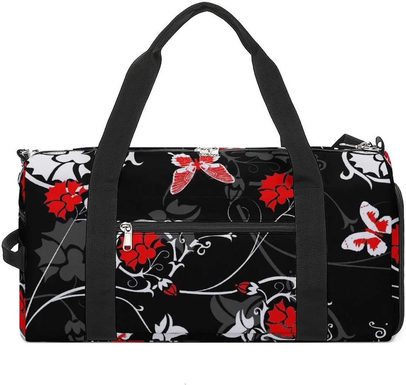 Gym Duffel Bag with Shoe Compartment Wet Pocket, Grey Ornament And Red Flowers Print Travel Bag for Men Women