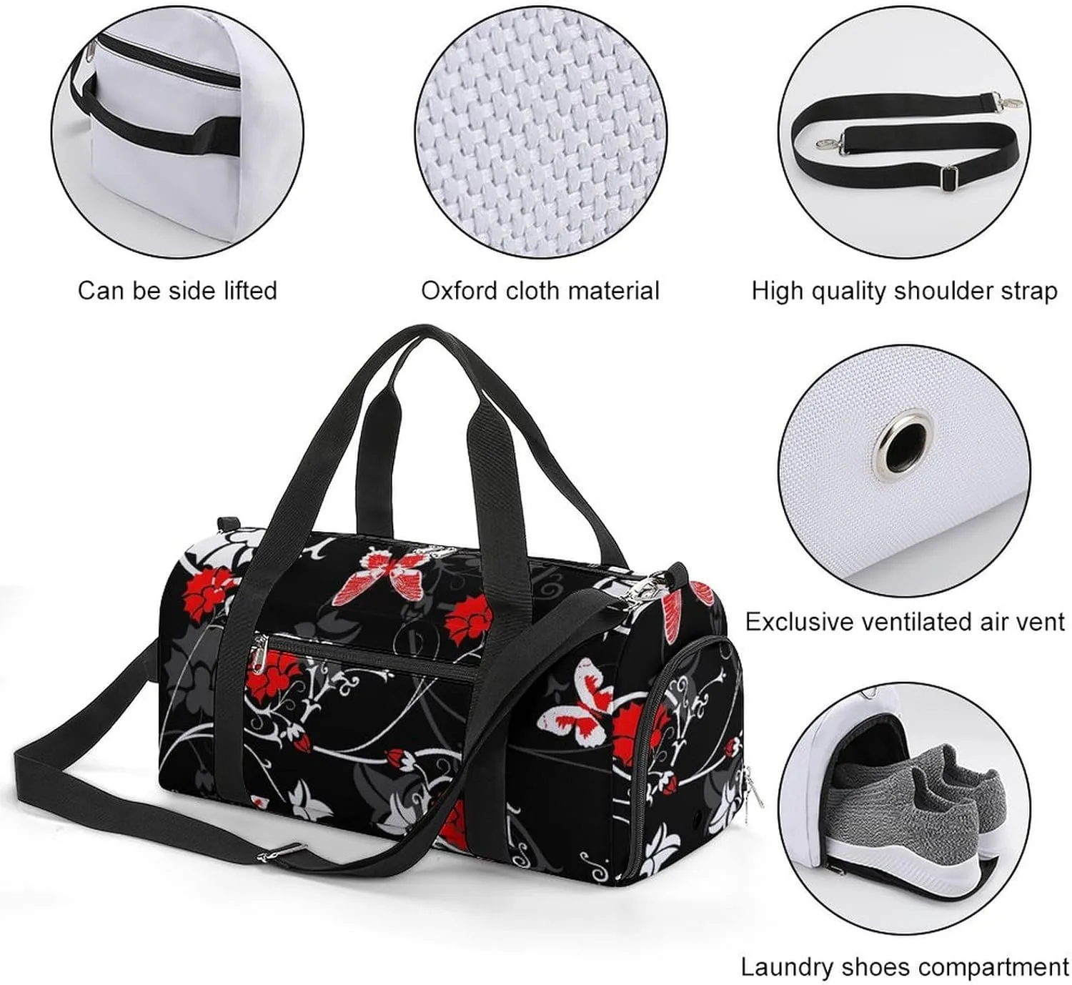 Gym Duffel Bag with Shoe Compartment Wet Pocket, Grey Ornament And Red Flowers Print Travel Bag for Men Women
