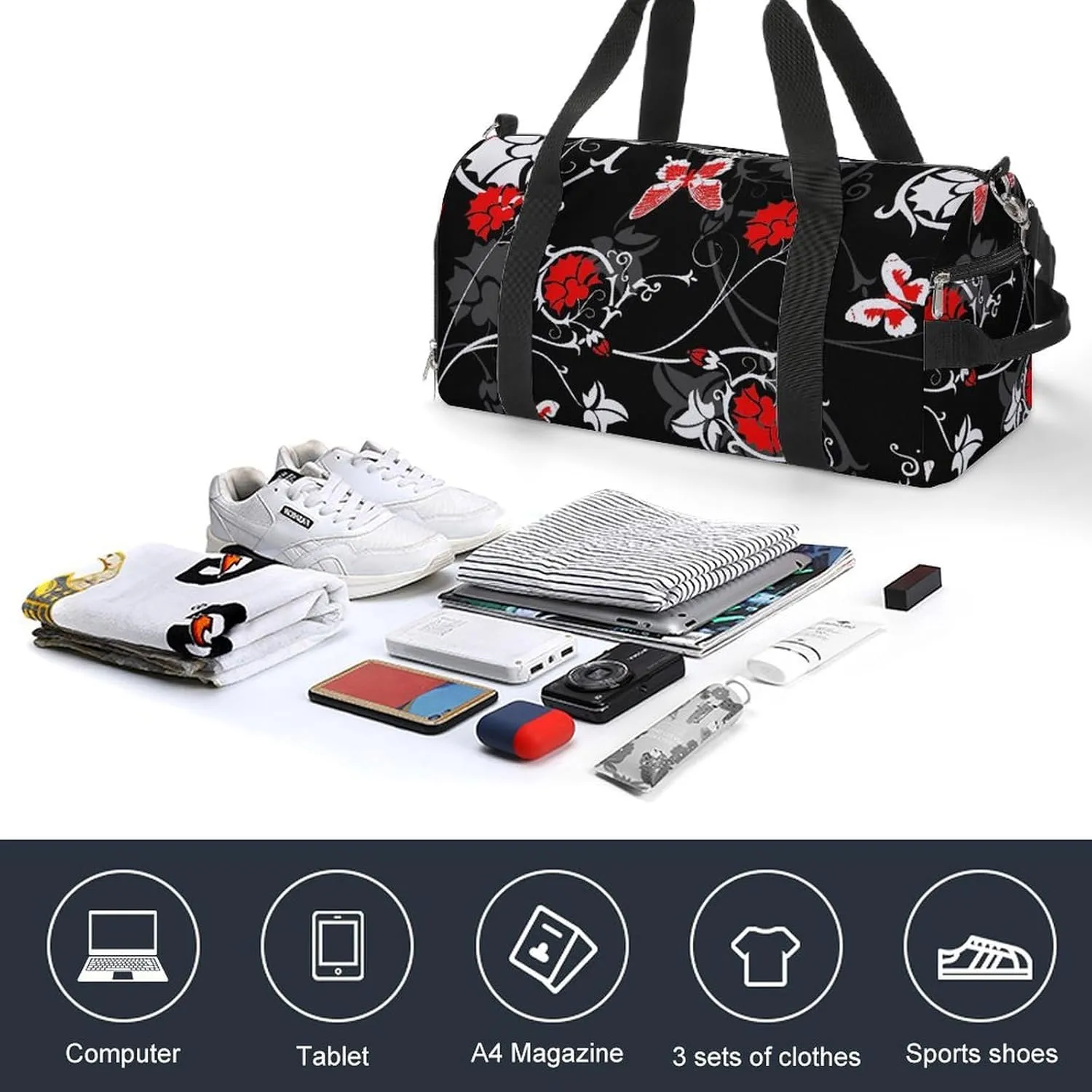 Gym Duffel Bag with Shoe Compartment Wet Pocket, Grey Ornament And Red Flowers Print Travel Bag for Men Women