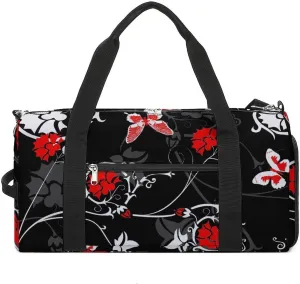 Gym Duffel Bag with Shoe Compartment Wet Pocket, Grey Ornament And Red Flowers Print Travel Bag for Men Women