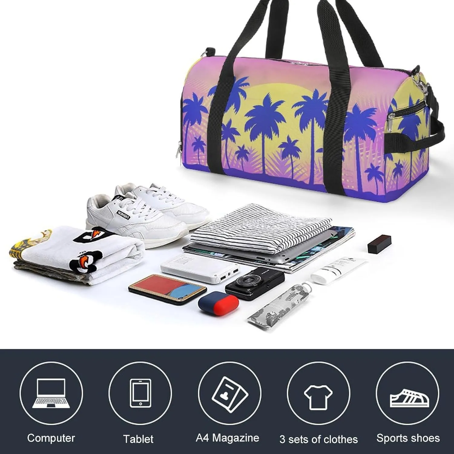 Gym Duffel Bag with Shoe Compartment Wet Pocket, Palms Print Travel Bag for Men Women