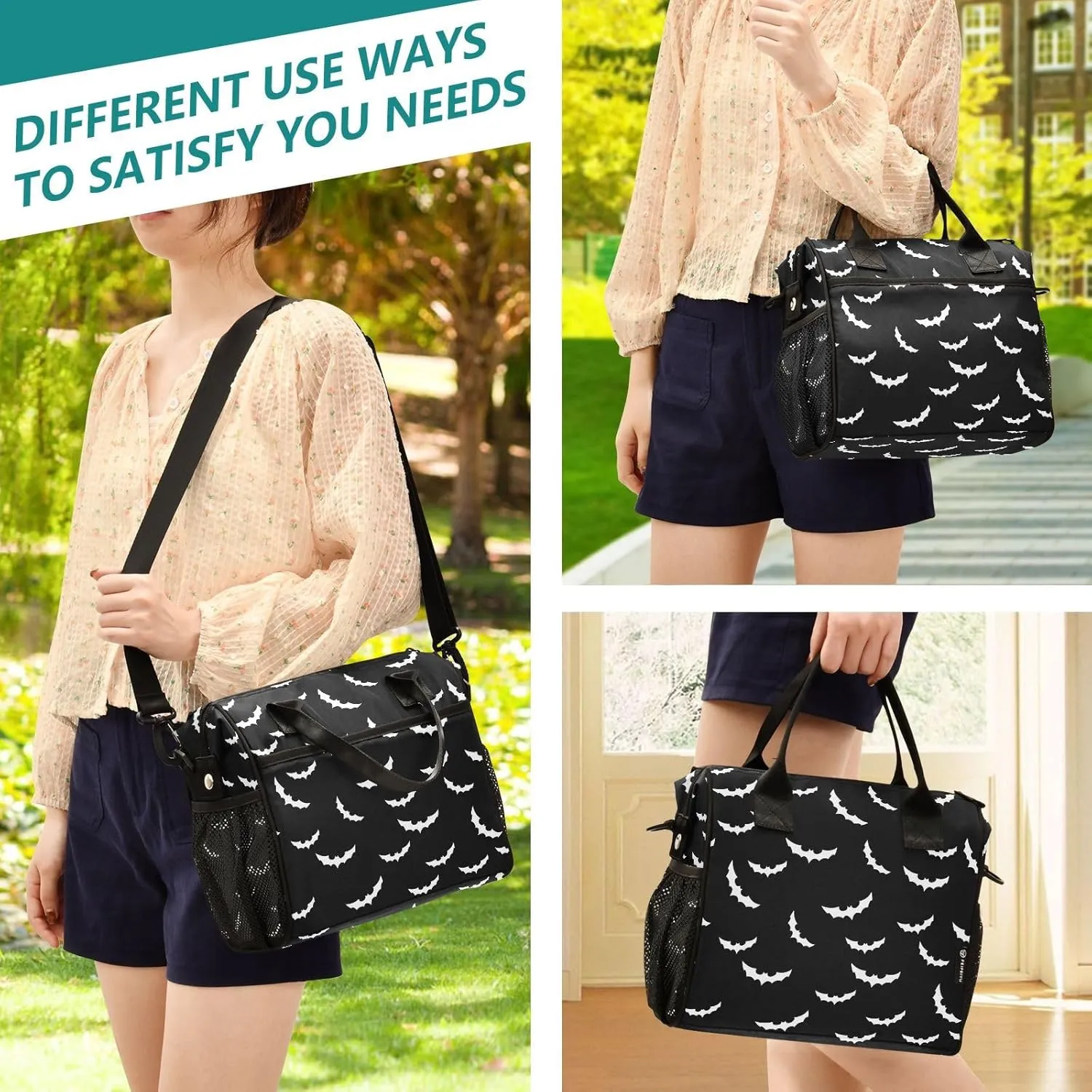 Halloween Bat Lunch Bag & Lunch Box for Women with Adjustable Shoulder Belt Insulated Portable Lunch Tote Bag Cooler Bag for Girls Travel Office Picnic