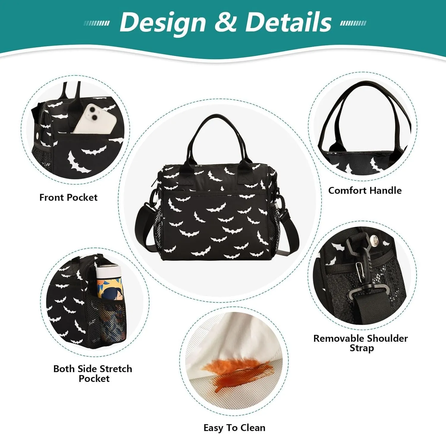 Halloween Bat Lunch Bag & Lunch Box for Women with Adjustable Shoulder Belt Insulated Portable Lunch Tote Bag Cooler Bag for Girls Travel Office Picnic
