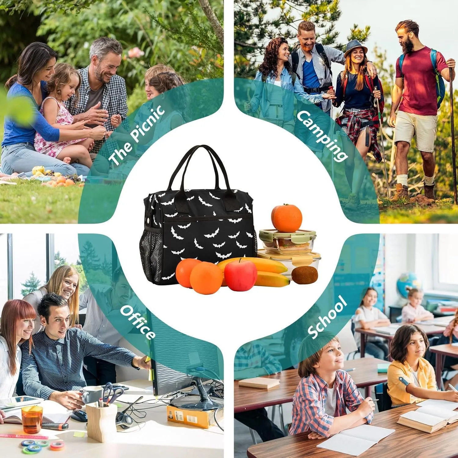 Halloween Bat Lunch Bag & Lunch Box for Women with Adjustable Shoulder Belt Insulated Portable Lunch Tote Bag Cooler Bag for Girls Travel Office Picnic