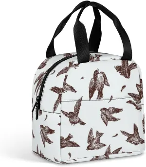 Hand Drawn Fighting Sparrows Lunch Box Bag Tote for Women Men Insulated Lunchbox Containers Work Picnic Travel