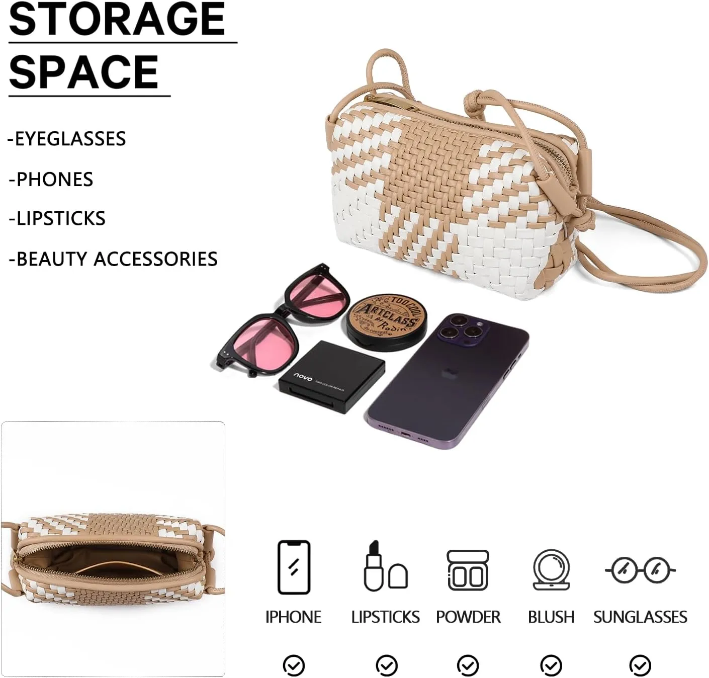 Handwoven Crossbody Bag for Women, Shoulder Purse with Adjustable Strap Lightweight Summer Festival Bag Gift