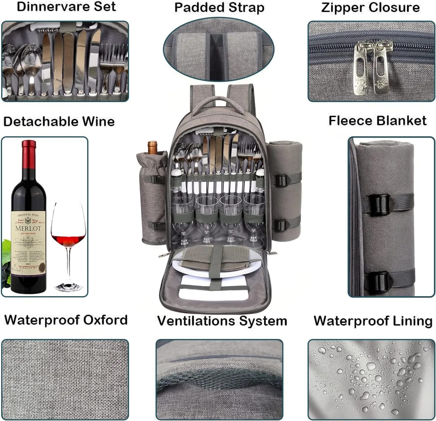 Hap Tim Picnic Basket Backpack for 4 Person with Blanket, Wine Holder, Cooler Compartment, Cutlery Set, for Couples, Ideas, Engagement Gifts, Gray (3065-G)