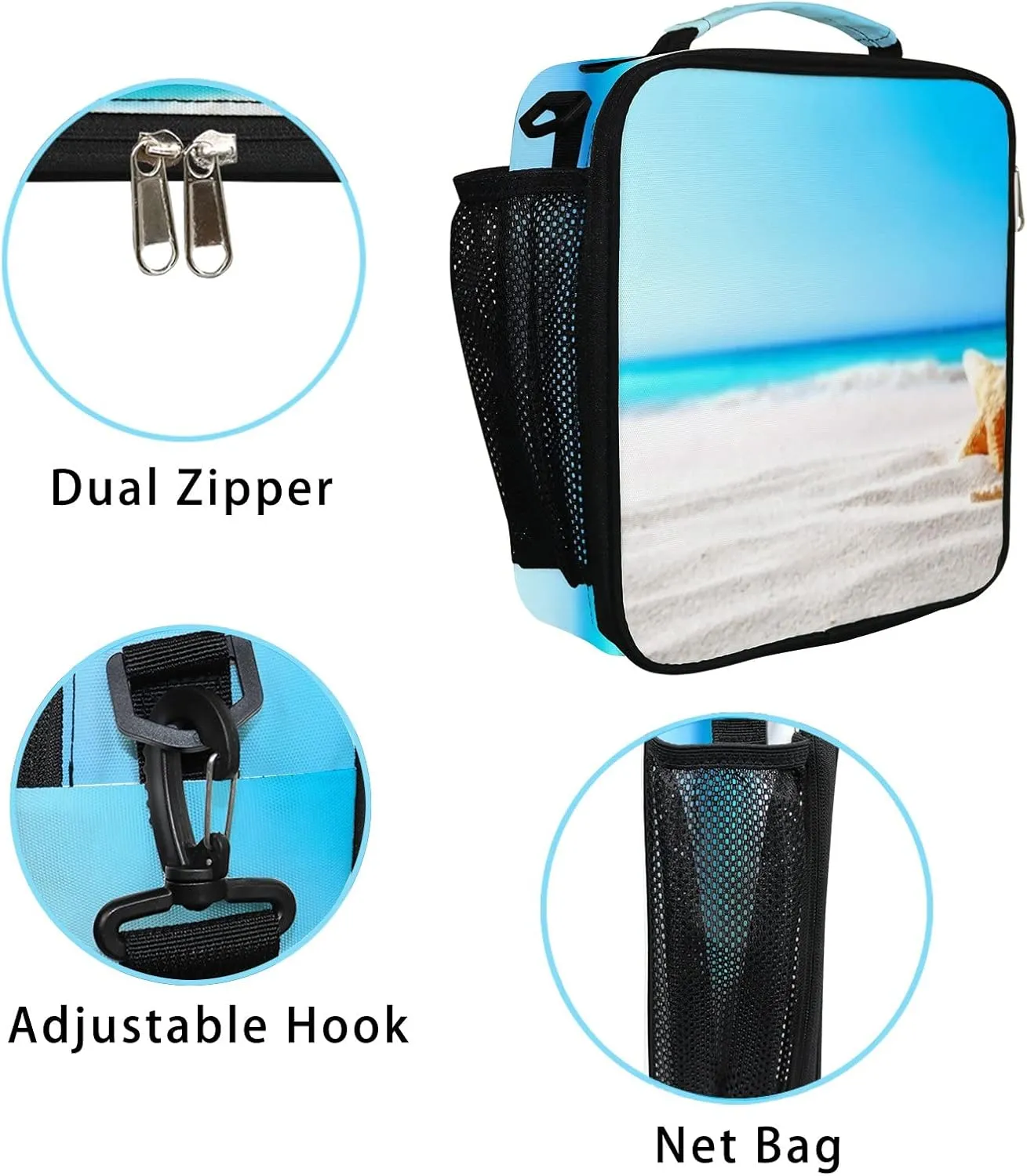 Hapuxt Lunch Box Lunch Bag with Adjustable Shoulder Strap Tote for Women Men Sea Shells Seashore Insulated Waterproof Resable Zipper Outdoor Work Office Picnic