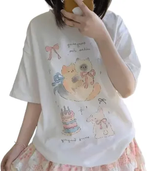 Harajuku Kawaii Gothic Clothes Casual Style Loose Soft Crewneck Cute Cartoon Cats with Bows Print T-Shirt