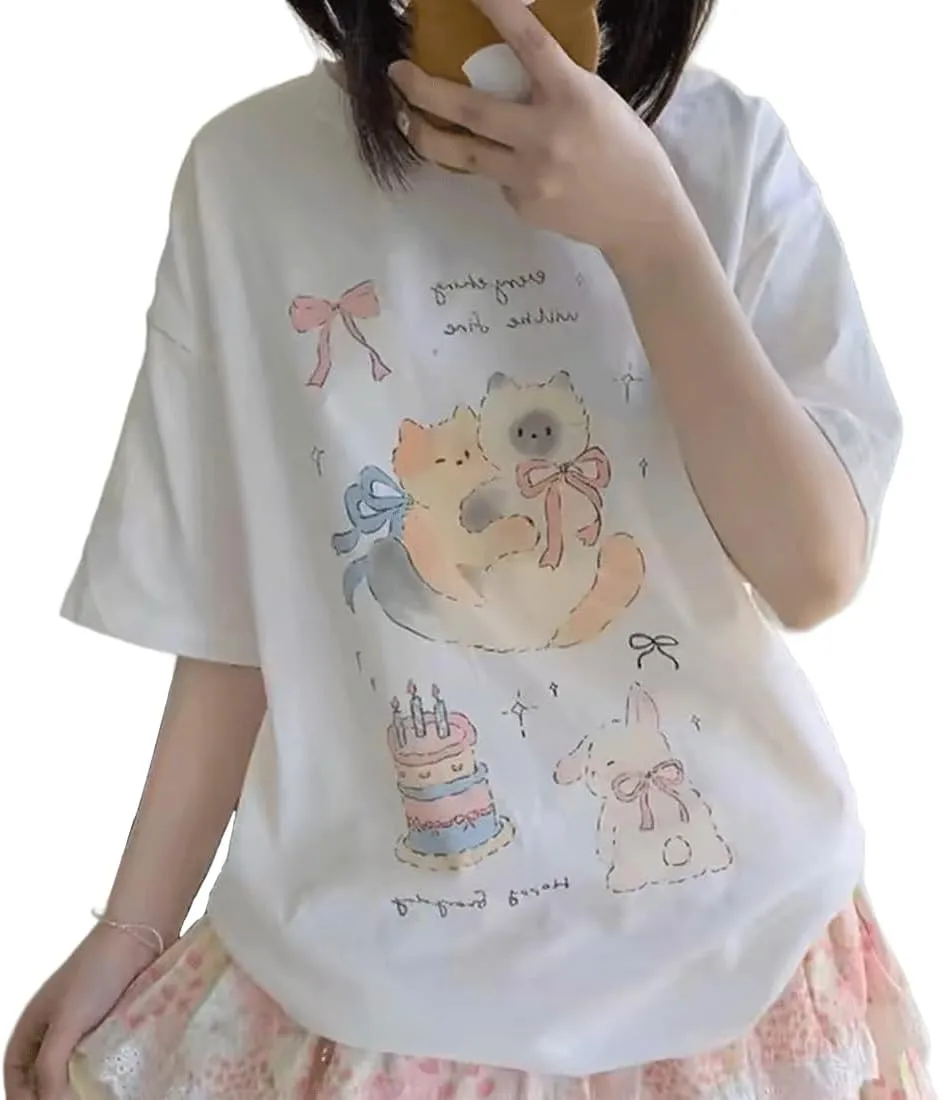 Harajuku Kawaii Gothic Clothes Casual Style Loose Soft Crewneck Cute Cartoon Cats with Bows Print T-Shirt