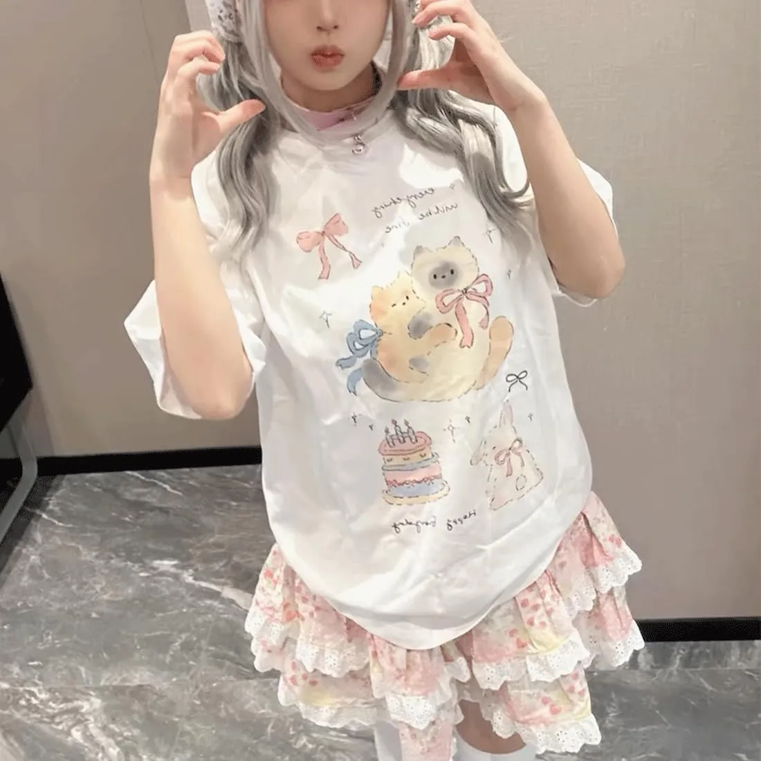 Harajuku Kawaii Gothic Clothes Casual Style Loose Soft Crewneck Cute Cartoon Cats with Bows Print T-Shirt