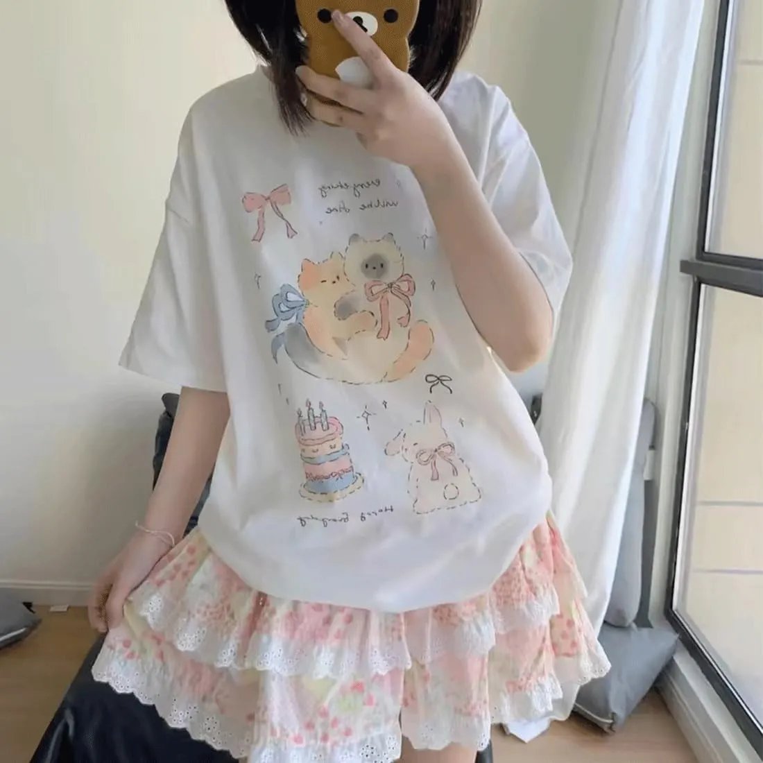 Harajuku Kawaii Gothic Clothes Casual Style Loose Soft Crewneck Cute Cartoon Cats with Bows Print T-Shirt