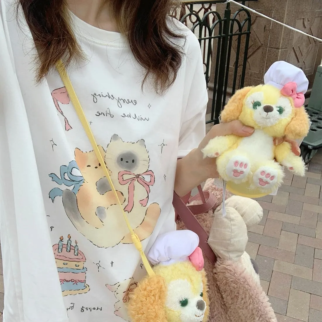 Harajuku Kawaii Gothic Clothes Casual Style Loose Soft Crewneck Cute Cartoon Cats with Bows Print T-Shirt