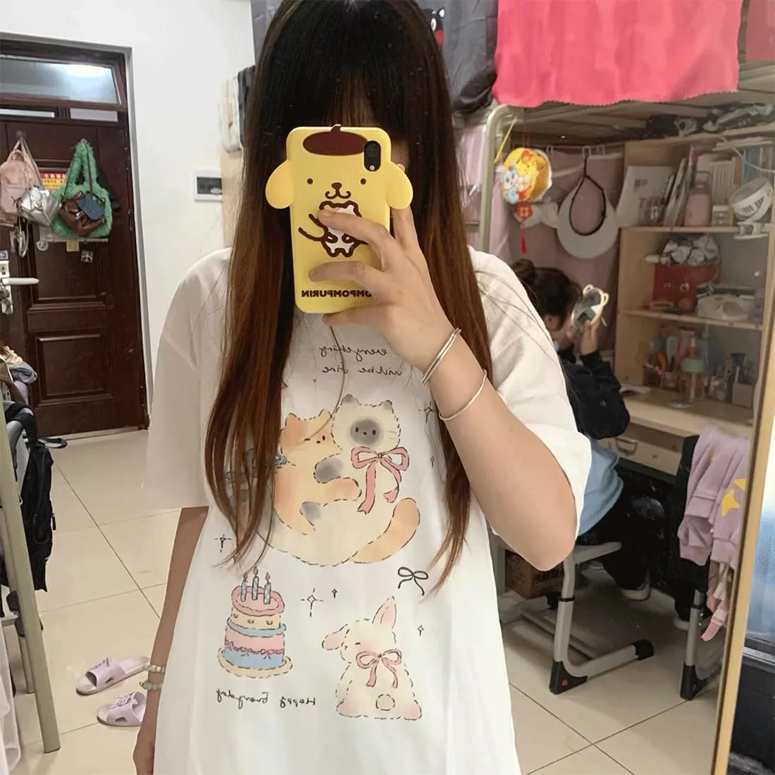Harajuku Kawaii Gothic Clothes Casual Style Loose Soft Crewneck Cute Cartoon Cats with Bows Print T-Shirt