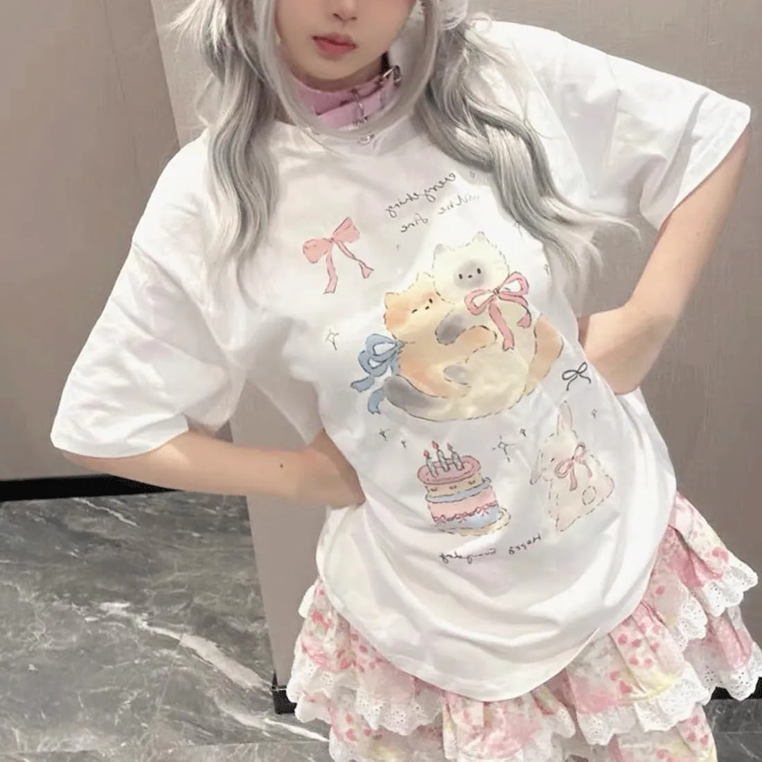 Harajuku Kawaii Gothic Clothes Casual Style Loose Soft Crewneck Cute Cartoon Cats with Bows Print T-Shirt