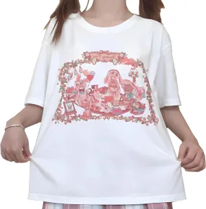 Harajuku Kawaii Gothic Clothing Casual Style Soft Crewneck Cute Cartoon Bunny in Picnic Print T-Shirt