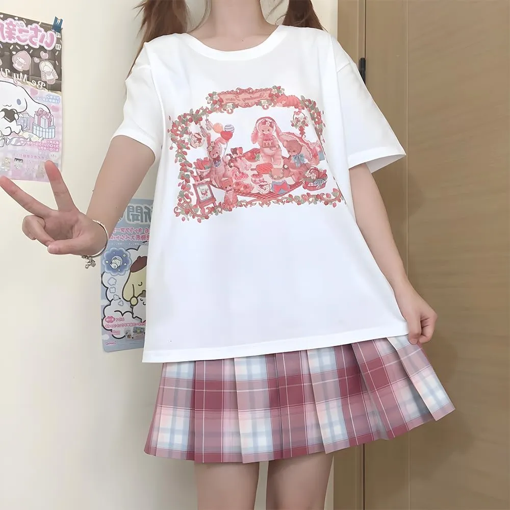 Harajuku Kawaii Gothic Clothing Casual Style Soft Crewneck Cute Cartoon Bunny in Picnic Print T-Shirt