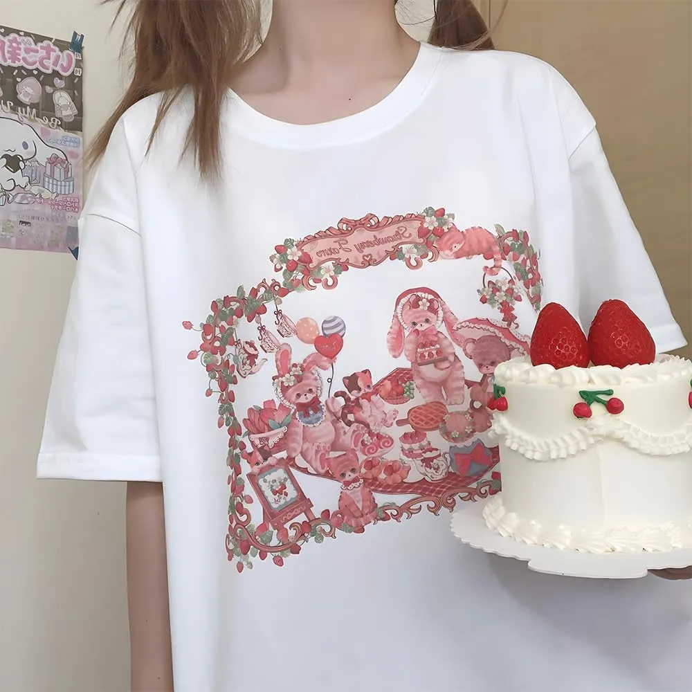 Harajuku Kawaii Gothic Clothing Casual Style Soft Crewneck Cute Cartoon Bunny in Picnic Print T-Shirt