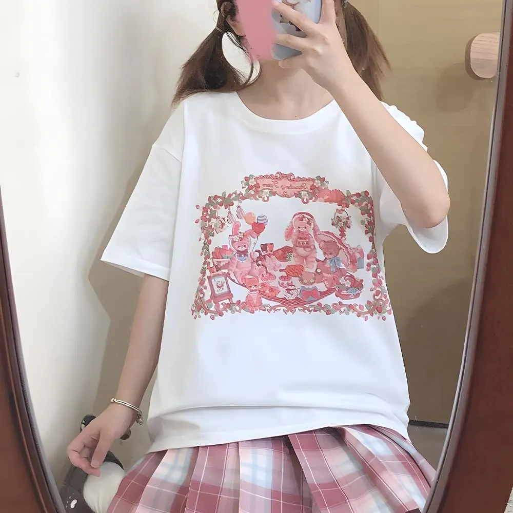 Harajuku Kawaii Gothic Clothing Casual Style Soft Crewneck Cute Cartoon Bunny in Picnic Print T-Shirt