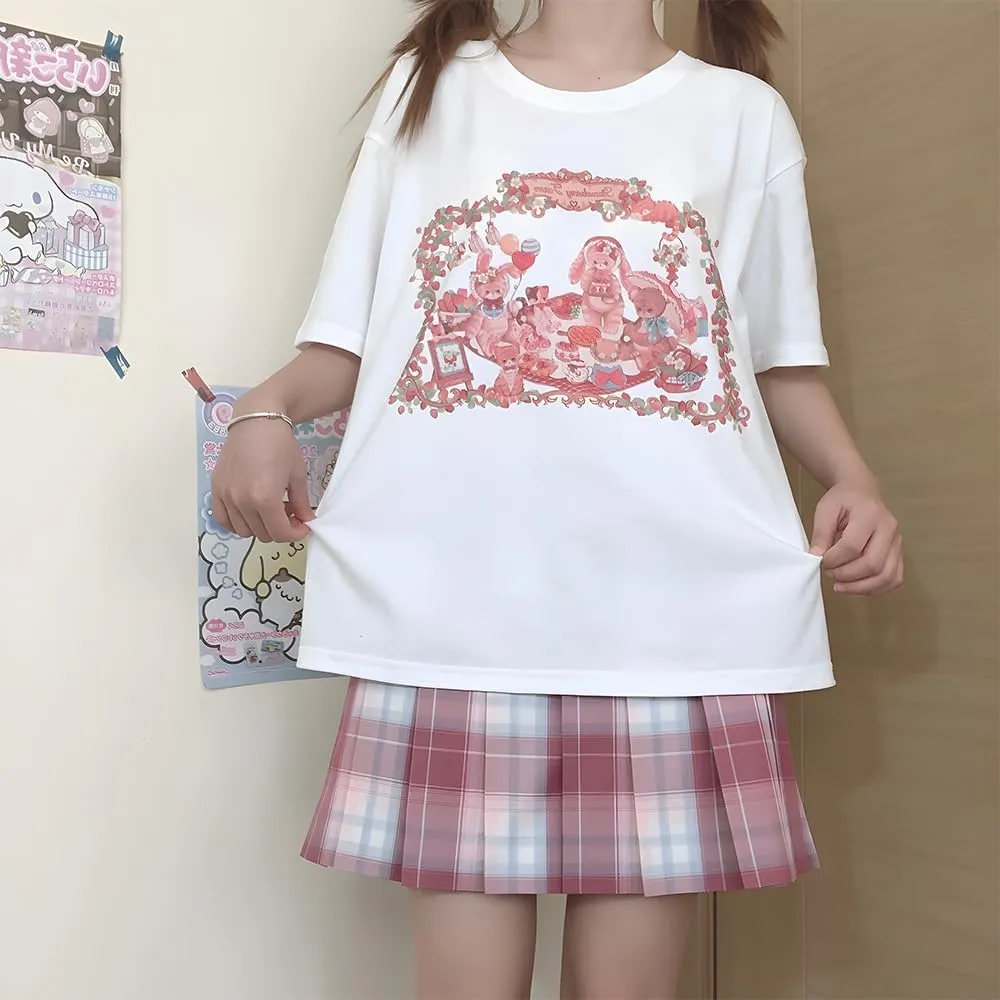Harajuku Kawaii Gothic Clothing Casual Style Soft Crewneck Cute Cartoon Bunny in Picnic Print T-Shirt